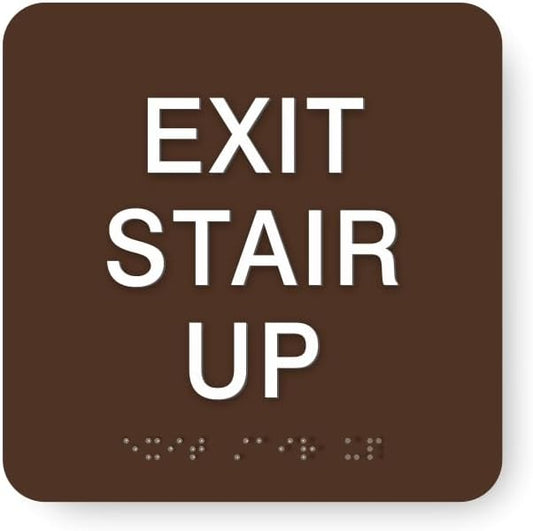 ADA EXIT STAIR UP braille sign, 6” x 6”, ADA Compliant Stair Exit Identification Sign for Building or Business, Many Colors Choices, Made in USA (Dark Brown)