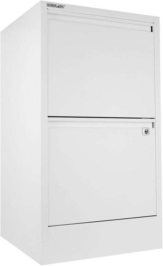Bisley 2-Drawer Flush Front Vertical File Cabinet - Traffic White, 2 Hanging File Drawers, Powder-Coated Steel, Locking Drawers