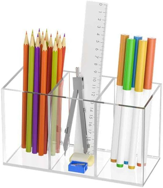 Uniclife Clear Acrylic Pen Holder for Desk, Plastic Pencil Holder Pen Organizer with 3 Compartments, Desktop Stationery Organizer for Office Home School, Vertical Makeup Brush Holder, 6.8" x 3" x 4"