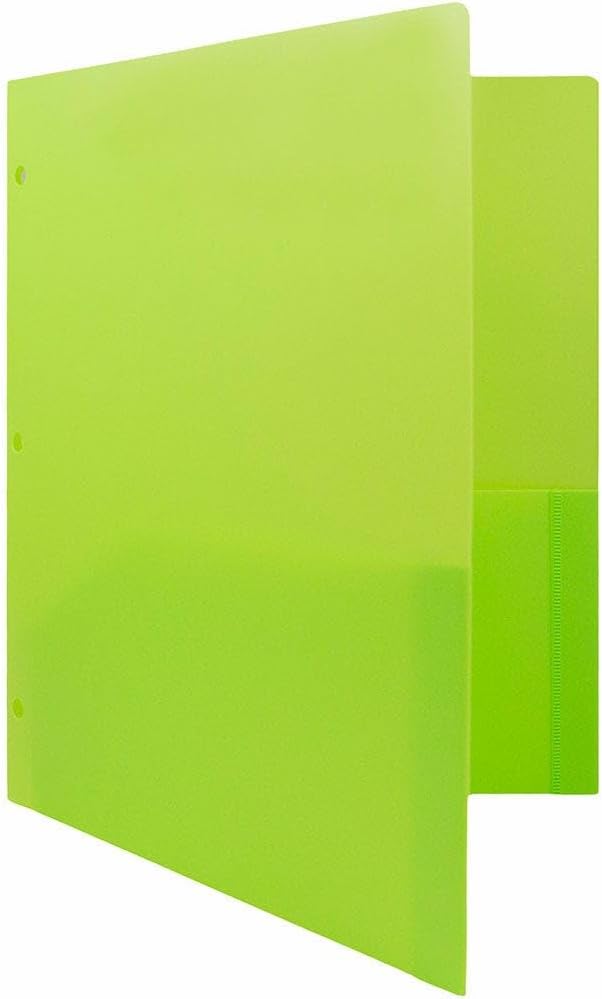 JAM PAPER Heavy Duty Plastic 3 Hole Punch Pocket Folders - Extra Tough School Folders - Lime Green - Bulk 144/Box
