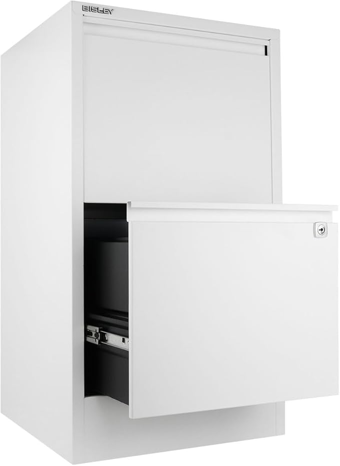 Bisley 2-Drawer Flush Front Vertical File Cabinet - Traffic White, 2 Hanging File Drawers, Powder-Coated Steel, Locking Drawers