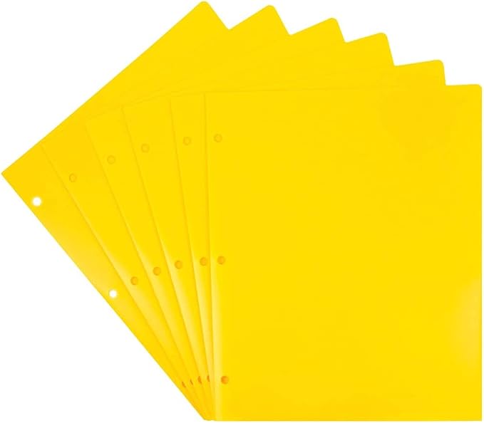 JAM PAPER Heavy Duty Plastic 3 Hole Punch Pocket Folders - Extra Tough School Folders - Yellow - 6/Pack