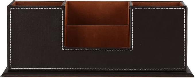 KINGFOM™ Double Holder Wood Leather Multi-Function Desk Stationery Organizer Dark Brown