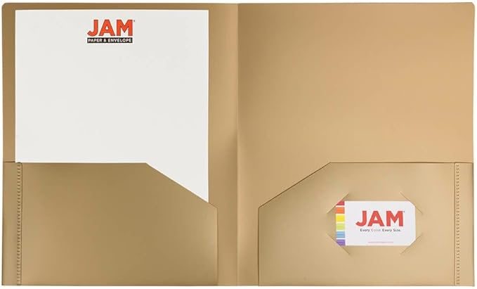 JAM PAPER Heavy Duty Plastic 2 Pocket Extra Tough School Folders - Gold - Bulk 144/Box