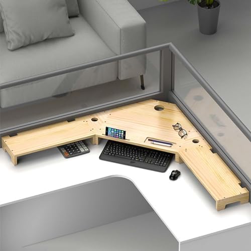 Large Corner Monitor Stand, Solid Wood Desk Organizer with Cable Management, Easy Assembly, Ideal for Office Supplies & Displays, Unfinished Wood, 11cm Height, Perfect for Home Office