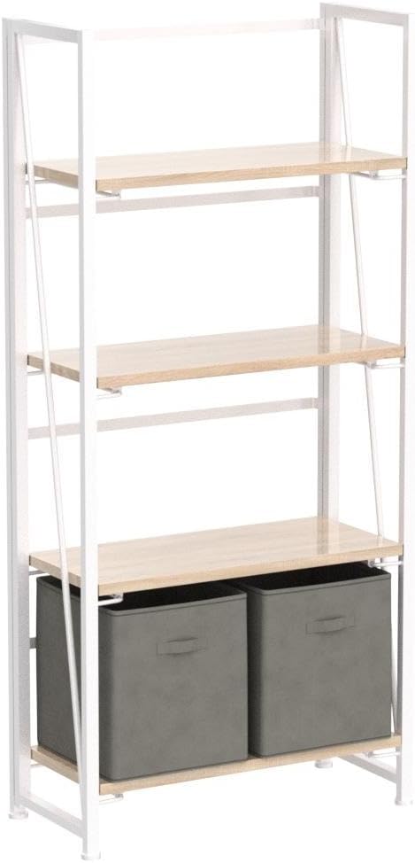 4NM No Assembly Folding Bookshelf Storage Shelves 4 Tiers Vintage Bookcase Standing Racks Study Organizer Home Office (Natural White)