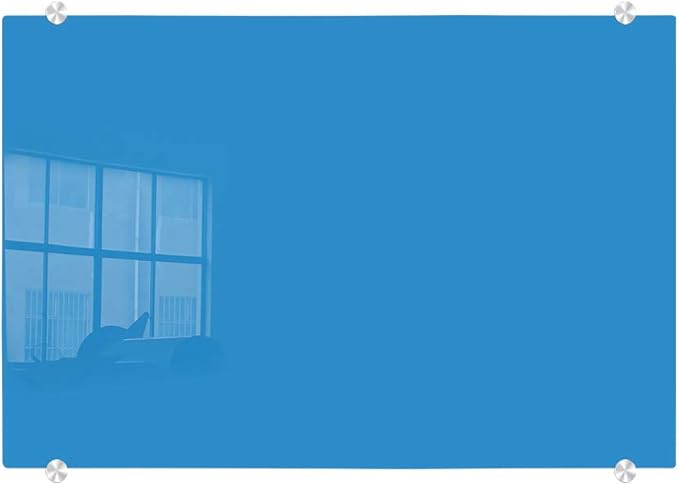 DEVELOP Large Magnetic Blue Glass Dry Erase Board, 60 x 36 Inches (150 x 90 cm), Modern Tempered Glass Whiteboard for Wall, Frameless White Board with Marker Tray, 4 Markers, 2 Magnets, 1 Eraser