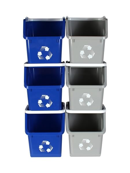 Multi Recycling System with Three Stackable 5 Gallon Bins to Build Your Recycling Center for Offices, Homes, Garages, Businesses - (6 Pack, Blue/Grey)