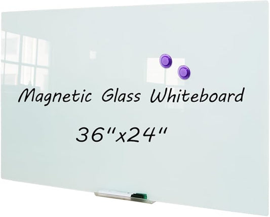 DEVELOP Magnetic Glass Whiteboard, 36 x 24 Inches, White Frosted Surface, Modern Tempered Glass Dry Erase Board for Wall with Marker Tray,Frameless, Includes Markers, Magnets & Eraser