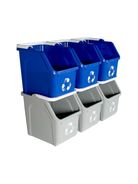 Multi Recycling System with Three Stackable 5 Gallon Bins to Build Your Recycling Center for Offices, Homes, Garages, Businesses - (6 Pack, Blue/Grey)
