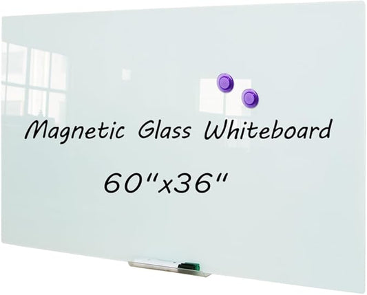 DEVELOP Large Magnetic White Glass Dry Erase Board, 60 x 36 Inches (150 x 90 cm), Modern Tempered Glass Whiteboard for Wall, Frameless White Board with Marker Tray, 4 Markers, 2 Magnets, 1 Eraser