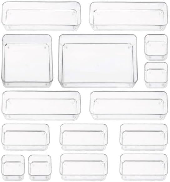 Fifteen Pieces. Plastic Clear Drawer Organizers. Bathroom, Kitchen, Bedroom, Utensils, Office Organizer Bins, Storage Trays. Heavy Duty, Stackable 5 Sizes.