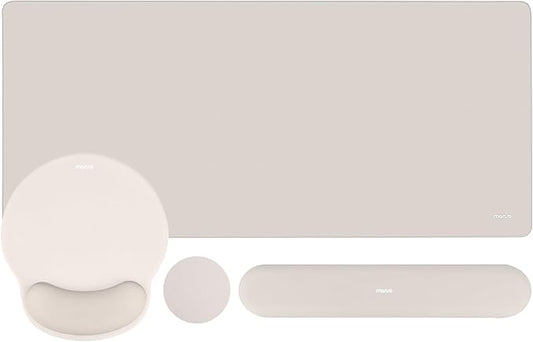 MOSISO Wrist Rest for Keyboard Mouse Pad Set, Large Gaming Deskpad&Circle Curved Mousepad&Keyboard Wrist Rest&Coaster, Ergonomic Non-Slip Mousepad&Easy Typing Pad with Curved Memory Foam, Stone Gray