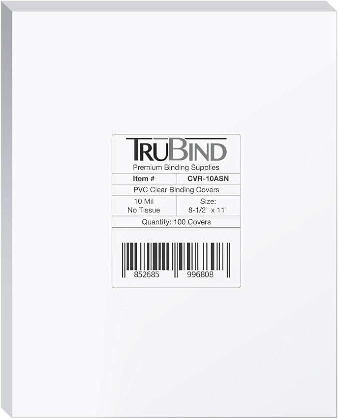 TruBind Binding Covers for Reports and Presentations - Crystal Clear PVC - 10 Mil Thick - Letter Size - 8 1/2 inch x 11 inch - Square Corners - No Tissue Interleaving - 100/Bx (CVR-10ASN)