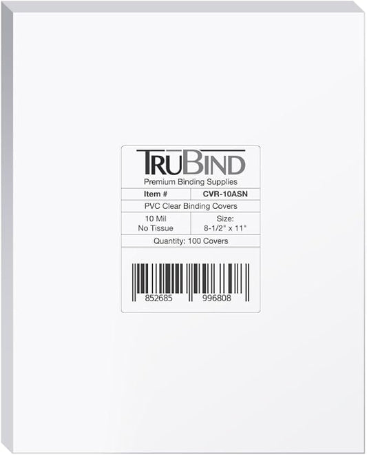 TruBind Binding Covers for Reports and Presentations - Crystal Clear PVC - 10 Mil Thick - Letter Size - 8 1/2 inch x 11 inch - Square Corners - No Tissue Interleaving - 100/Bx (CVR-10ASN)
