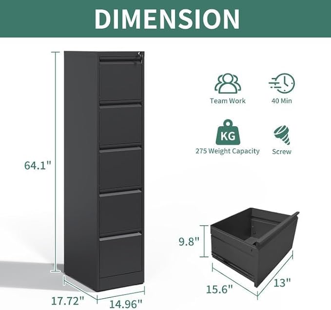 5 Drawer File Cabinet with Lock,Metal Vertical Filing Cabinets for Home Office,Heavy Duty File Storage Cabinet for Letter/Legal/A4/F4 Size File,Assembly Require (Black, Vertical 5 Drawer)