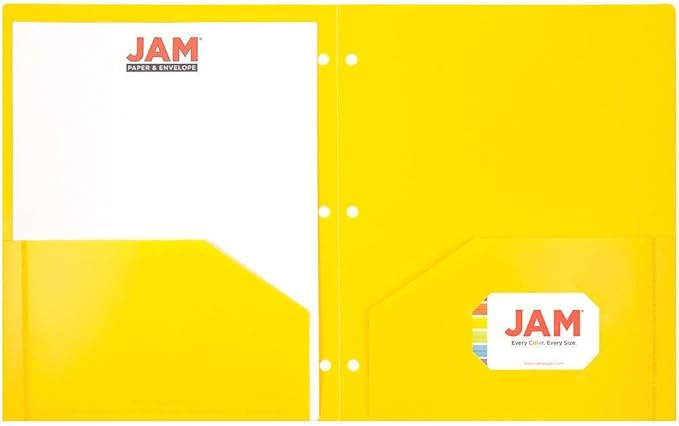 JAM PAPER Heavy Duty Plastic 3 Hole Punch Pocket Folders - Extra Tough School Folders - Yellow - 3/Pack