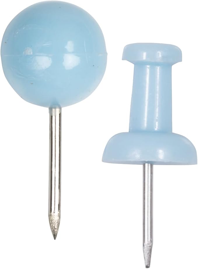 JAM PAPER Colorful Push Pins - Flat & Round Head Thumb Tack Combo Set - Baby Blue Pushpins - 200/Pack