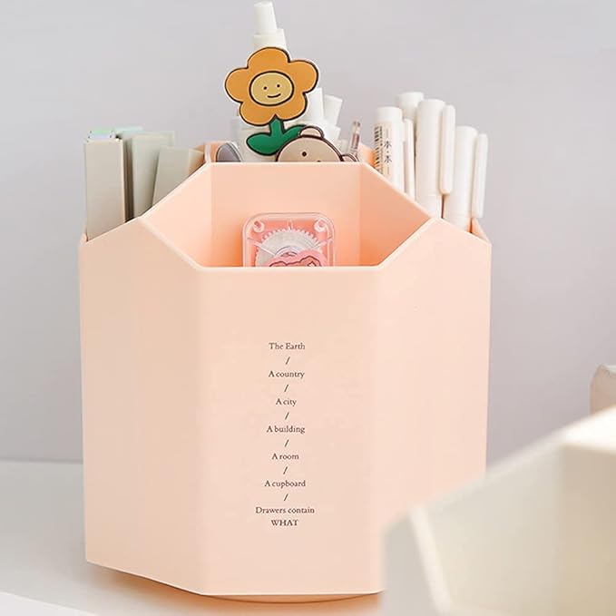 Rotating Desk Organizer, Pencil Holders, Office Accessories Caddy, School Supplies Organizer for Pen, Colored Pencil, Art Brushes, 5 Compartments, Gift for Teachers, Classmates, and Friends (Pink)