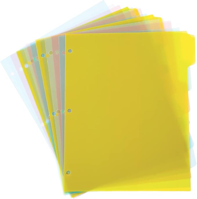 Seashell 3 Ring Binder Dividers with 5 Tabs,6 Sets Plastic Binder Dividers with 3 Hole Punch, Letter Size, Durable, Assorted Colors, School Subject Binder Organizers