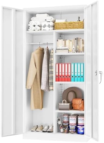 Greenvelly Metal Storage Cabinet Locker with Locking Doors,72" Metal Wardrobe Cabinet, Steel Storage Wardrobe with Hanging for Home Office, Garage, School, Gym（White 36" ×18"）