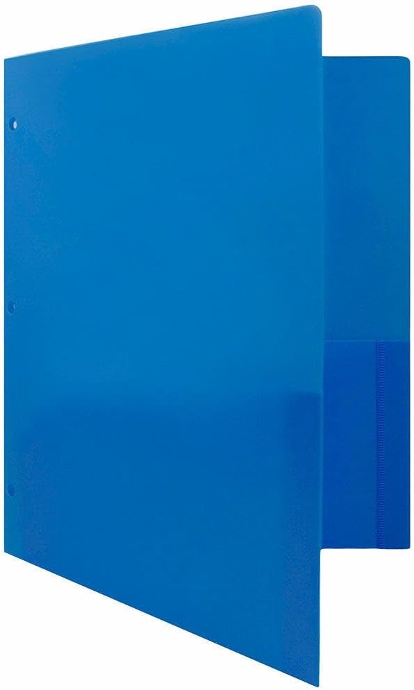 JAM PAPER Heavy Duty Plastic 3 Hole Punch Pocket Folders - Extra Tough School Folders - Blue - Bulk 48/Pack