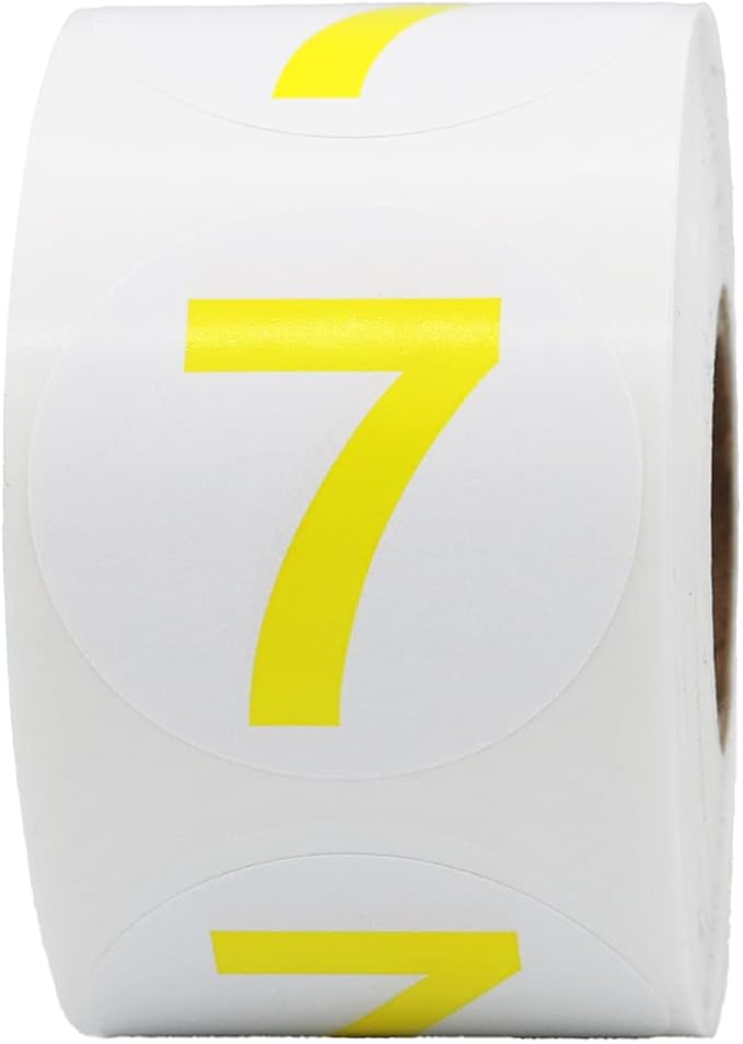 Yellow Number 7 Circle Stickers, 1.5 Inch Round Adhesive Labels, 500 Stickers Per Roll for Inventory, Organization, Retail, Classroom, and More – Made in The USA