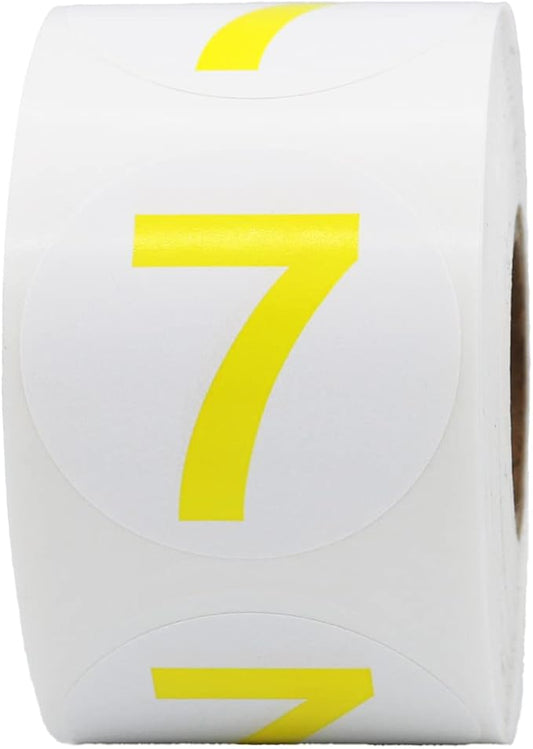 Yellow Number 7 Circle Stickers, 1.5 Inch Round Adhesive Labels, 500 Stickers Per Roll for Inventory, Organization, Retail, Classroom, and More – Made in The USA