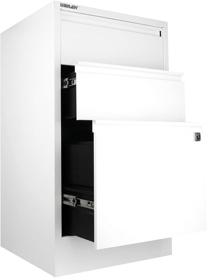 Bisley 3-Drawer Flush Front Vertical File Cabinet - Traffic White, 2 Utility Drawers + 1 Hanging File Drawer, Powder-Coated Steel, Locking Bottom Drawer