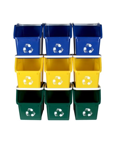 Multi Recycling System with Three Stackable 5 Gallon Bins to Build Your Recycling Center for Offices, Homes, Garages, Businesses (9 Pack, Blue/Yellow/Green)