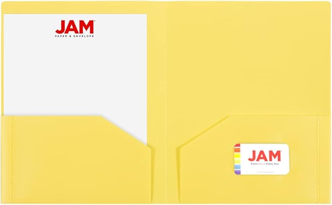 JAM PAPER Heavy Duty Plastic 2 Pocket Extra Tough School Folders - Yellow - 6/Pack