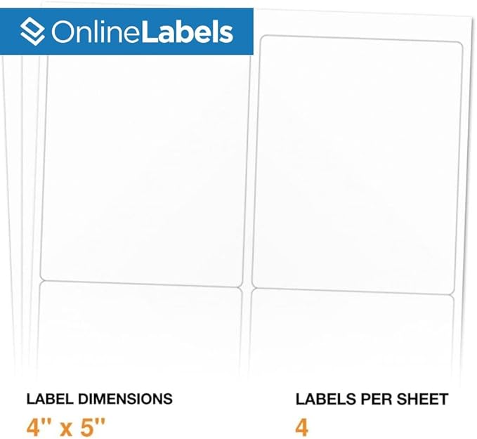 4 x 5 Rectangle Mailing Labels - Permanent, White Matte - Shipping, Wine, Product - Pack of 4,000-1,000 Sheets - Inkjet/Laser Printers - Online Labels