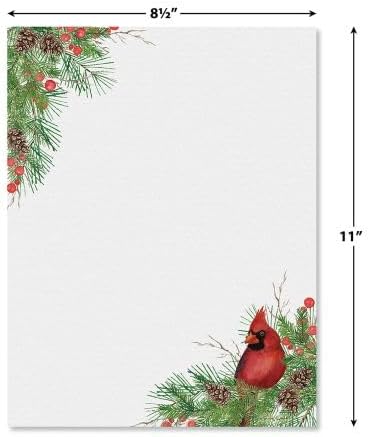 Pine Cardinals Holiday Letter Paper - Set of 25 Christmas stationery papers are 8 1/2" x 11", compatible computer paper