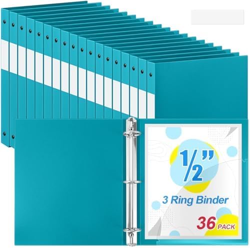 Henoyso 36 Pcs 3 Ring Binder 1/2'' Round Fits Letter Size 8. 5'' x 11'' Paper Plastic Flexible Binder Holds 100 Sheets with 1 Pockets Versatile Organizer for Office Home School (Turquoise)
