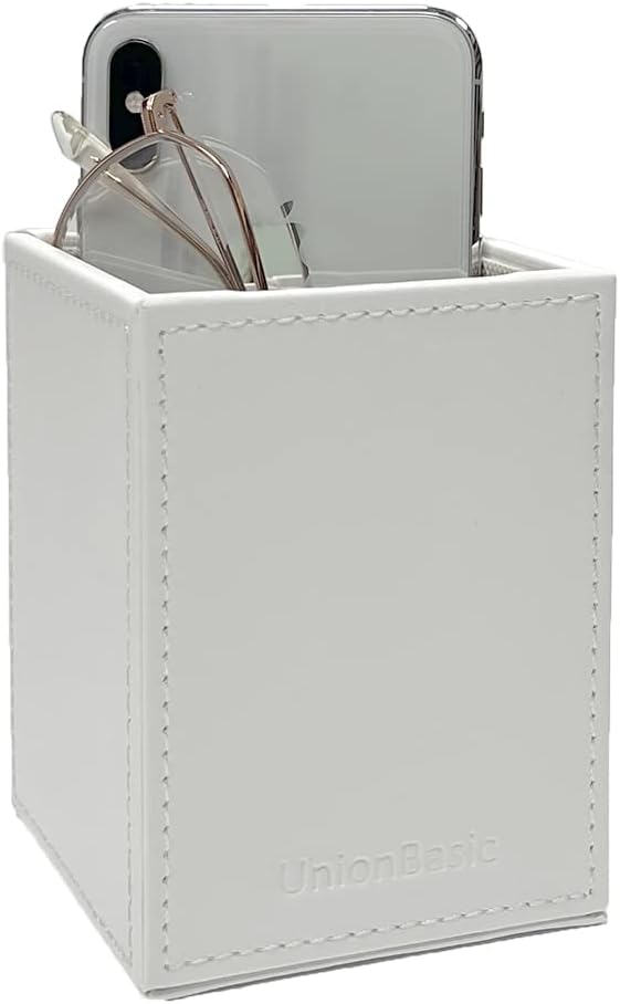 UnionBasic Square Pen Holder, Leather Pencil Cup, Desktop Caddy Stationery Organizer, White