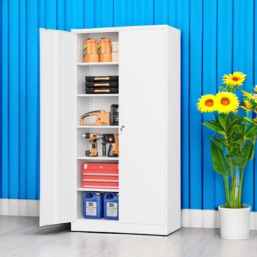 STANI Metal Garage Storage Cabinet with Lock, 71" Steel Lockable File Cabinet, Locking Steel Storage Cabinet with 5 Adjustable Shelves for Home, Office, Warehouse, Garage, School (White)