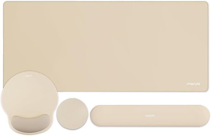 MOSISO Wrist Rest for Keyboard Mouse Pad Set, Large Gaming Deskpad&Circle Curved Mousepad&Keyboard Wrist Rest&Coaster, Ergonomic Non-Slip Mousepad&Easy Typing Pad with Curved Memory Foam, Apricot