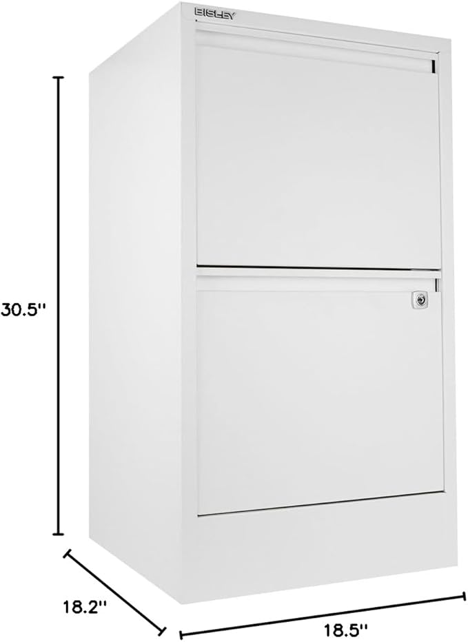 Bisley 2-Drawer Flush Front Vertical File Cabinet - Traffic White, 2 Hanging File Drawers, Powder-Coated Steel, Locking Drawers