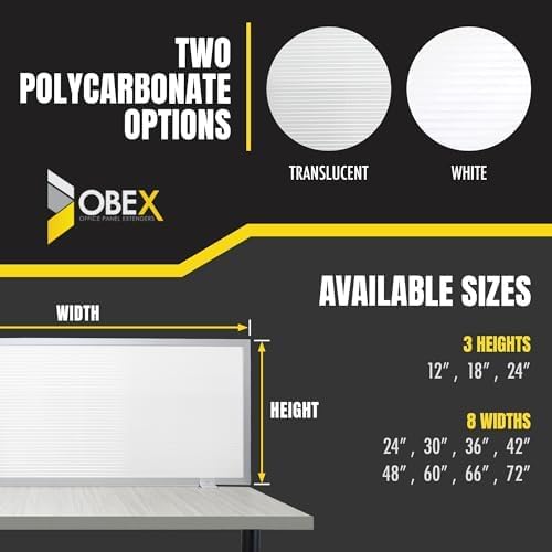 OBEX Polycarbonate Office Desk Mounted Privacy Screen Adjustable Table Top Panel Divider, Universal Aluminum Bracket-USA Made, 24" x 72", White