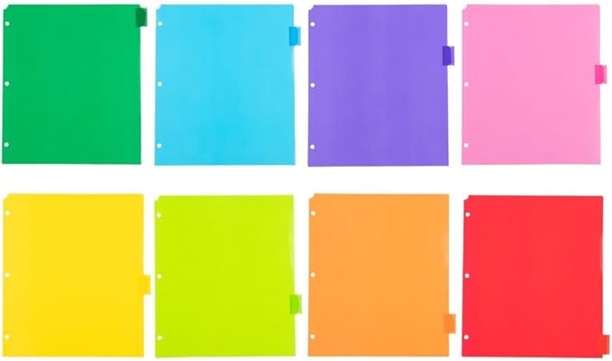 JAM PAPER Plastic Index Tab Dividers - 8-Tab - 9 3/4 x 11 1/2 - Multicolor - 2 Sets of 8 Tabs/Pack