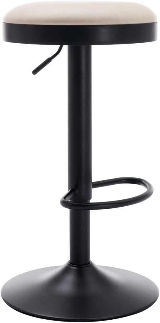 Round Swivel Counter Height Bar Stools Set of 1 Modern Adjustable Barstools Backless PU Leather Bar Chairs Industrial Island Chairs with Metal Base/Footrest for Kitchen Island/Pub, Beige