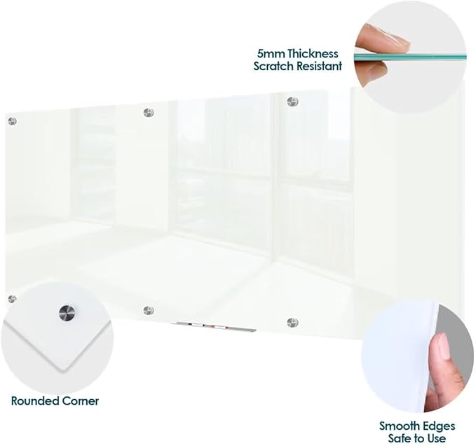 J&J worldwide Magnetic Glass Whiteboard 8' x 4', 96 x 48 Inches Large Frameless White Boards for Walls, Large Dry Erase Board for Office, Home, School