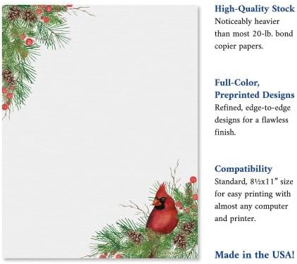 Pine Cardinals Holiday Letter Paper - Set of 25 Christmas stationery papers are 8 1/2" x 11", compatible computer paper