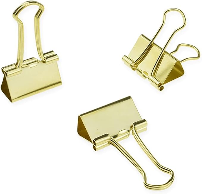 HAHIYO Binder Clips Paper Clamps Spring Steel Sturdy Medium 1.26 inches Width 0.39 Inch Capacity No Sharp Edges Heavy Duty Tight Grip Reusable Gold Metal Bright Finish for Home Office School 13 Pack