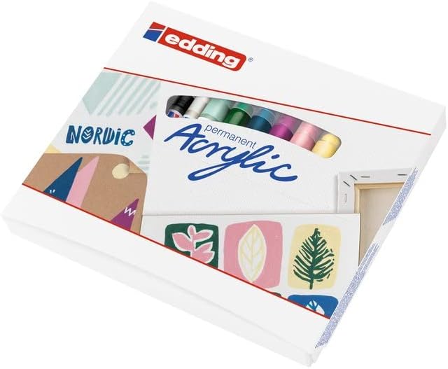 Edding Start Easy Set - Acrylic Paint Pens, Waterproof; Fine and Medium Nib, Incl. Postcard Pad - Set of 8 Pens - Nordic - For Canvas, Wood, Rock Painting