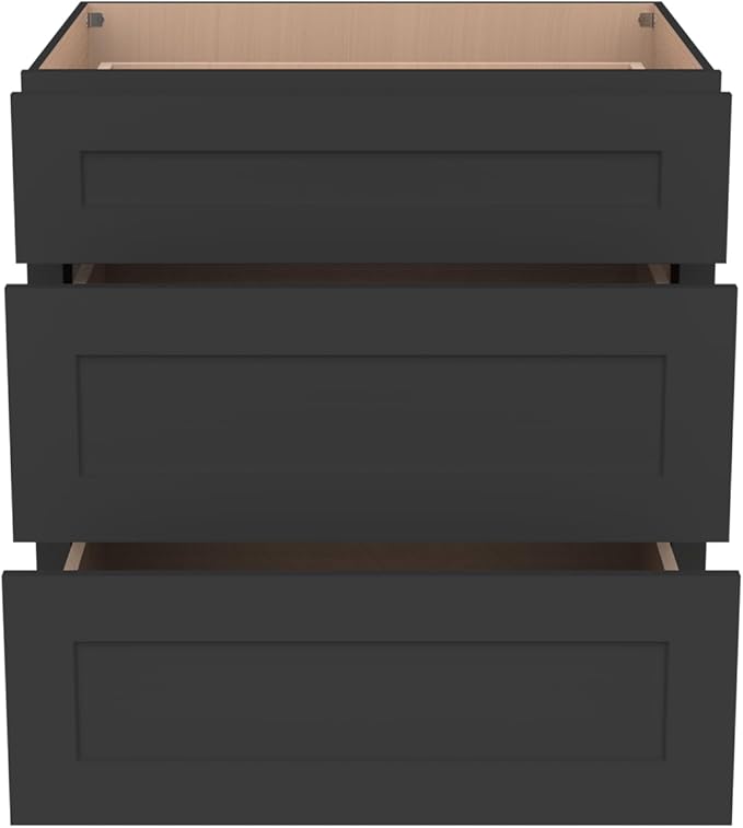 Shaker Style Charcoal Black RTA Base Cabinet with Drawers - Solid Wood 3-Drawer Design with Soft Close, 24" W x 24" D x 34.5" H, Perfect for Standalone Use or Kitchen Cabinet Combinations