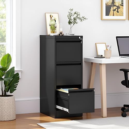 3 Drawer File Cabinet with Lock, Vertical Metal Filing Cabinet for Home Office, Locking File Cabinets for Legal/Letter Size Hanging File Folders (Black)