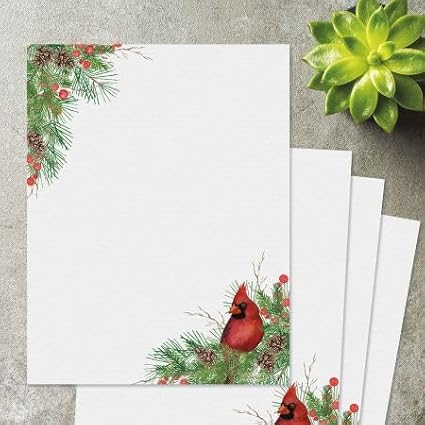 Pine Cardinals Holiday Letter Paper - Set of 25 Christmas stationery papers are 8 1/2" x 11", compatible computer paper