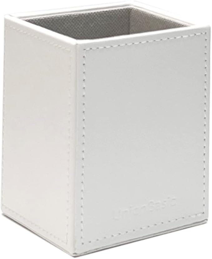 UnionBasic Square Pen Holder, Leather Pencil Cup, Desktop Caddy Stationery Organizer, White