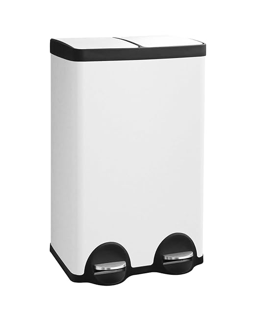 60L Dual Compartment Stainless Steel Trash Can, 16 Gallon White Kitchen Garbage Bin with Silent Sealed Lids, Pedal & Recyclable Waste Bins for Home/Office